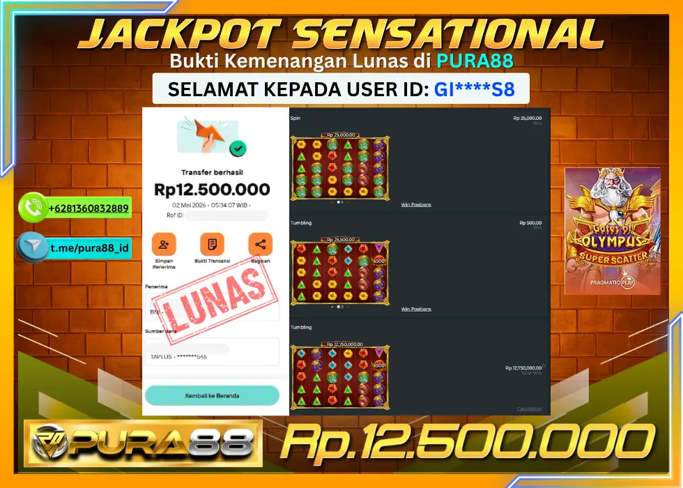 PURA88 JACKPOT GATES OF OLYMPUS SUPER SCATTER Rp 12.500.000,- LUNAS
